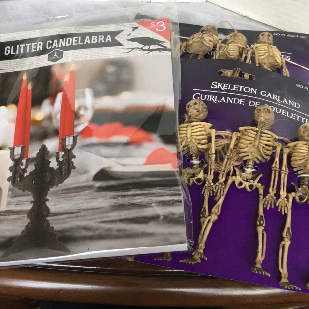 NWT Bundle of One black glitter candelabra & Two packages of skeleton garland